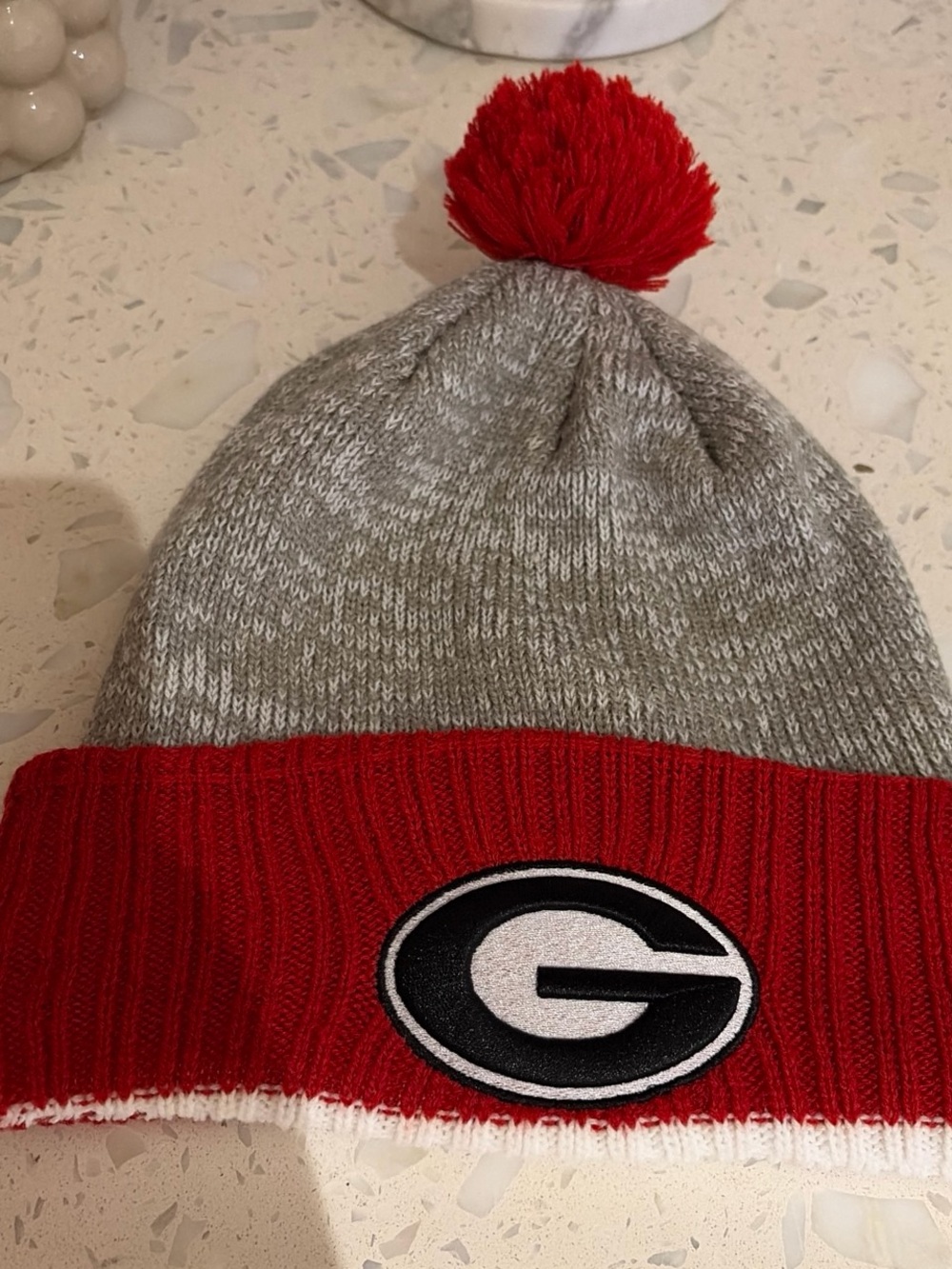 Men's Gray and Red Pom Beanie with G Patch